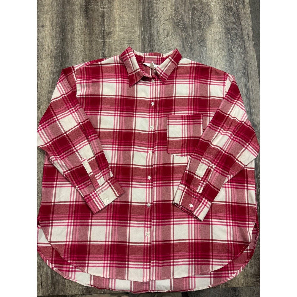 HM Divided Pink White Plaid‎ Flannel Button Down Shirt Oversized Long Sleeve 2XL
